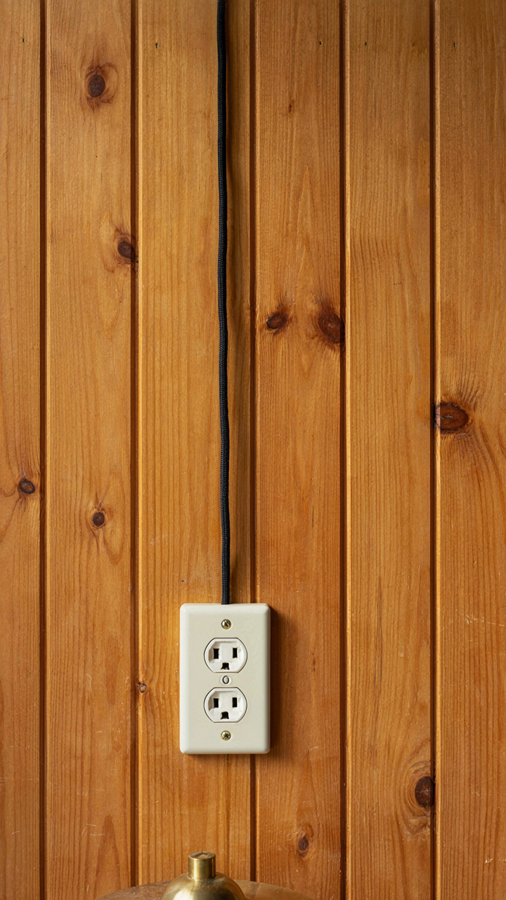 A wall outlet on a wooden wall, with a lamp plugged in for flexible cottage lighting.