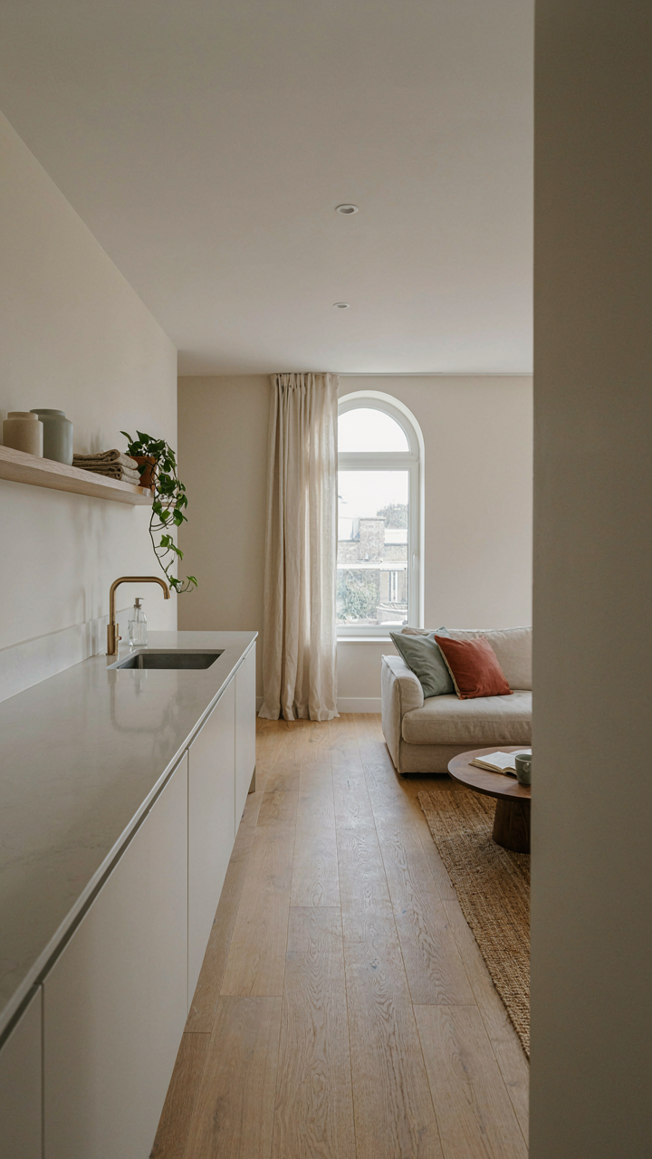 A clean, organized kitchen with clear counters, flowing smoothly into a living room.