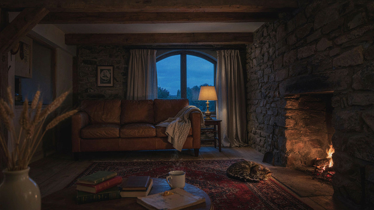 A warm and inviting cottage living room at dusk with a soft, ambient glow from various light