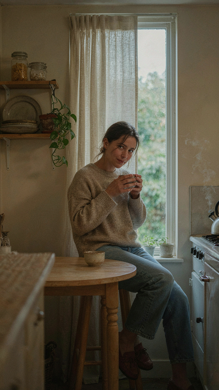 One person sits at a small, simple kitchen island in a cozy cottage.