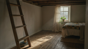 A cozy cottage loft interior with a small bed and a wooden ladder.
