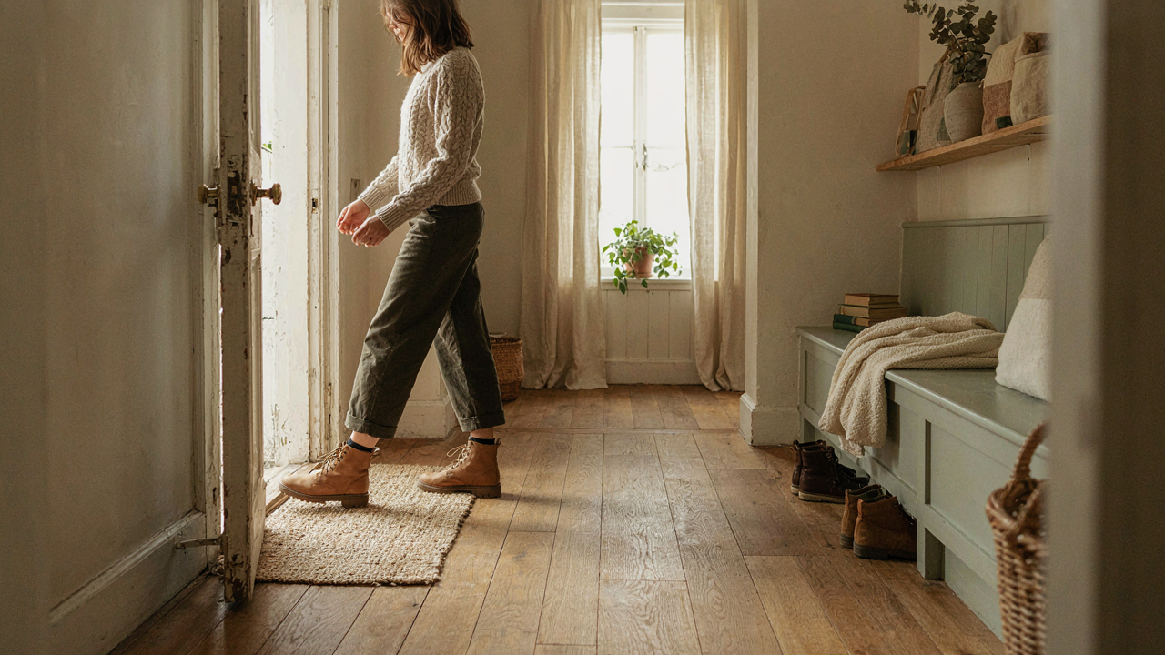 A person walks through a perfectly organized cottage mudroom, leaving clutter behind.