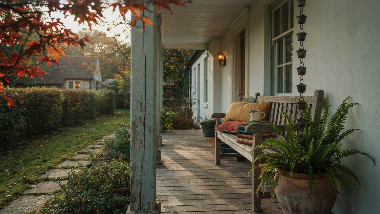 A welcoming cottage porch with a deep overhang, a cozy bench, and thriving plants.