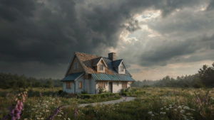 A picturesque cottage featuring diverse roof materials under a dramatic sky, highlighting cottage