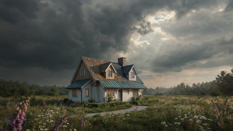 A picturesque cottage featuring diverse roof materials under a dramatic sky, highlighting cottage