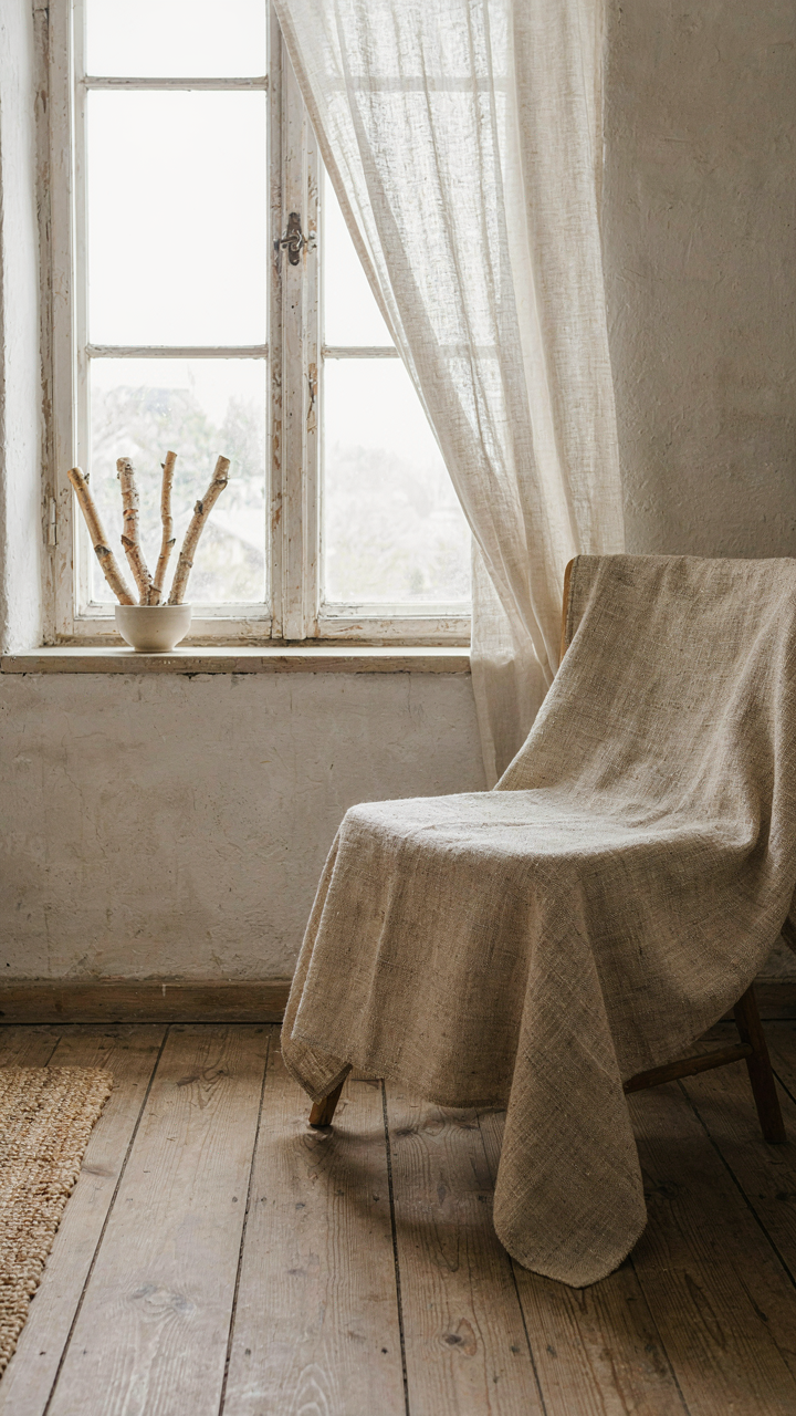A wool textile fading in a sunny nordic cottage window with a sheer curtain.