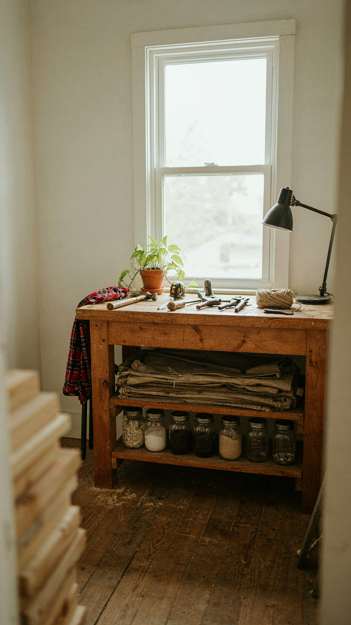 A she shed interior with a vintage wooden workbench and hand tools.