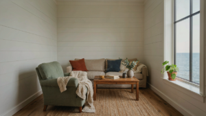Coastal cottage living room with subtle white shiplap walls and a large window.