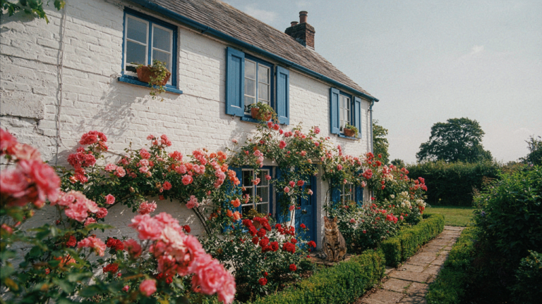 A white cottage with blue cottage shutters and a vibrant rose garden.