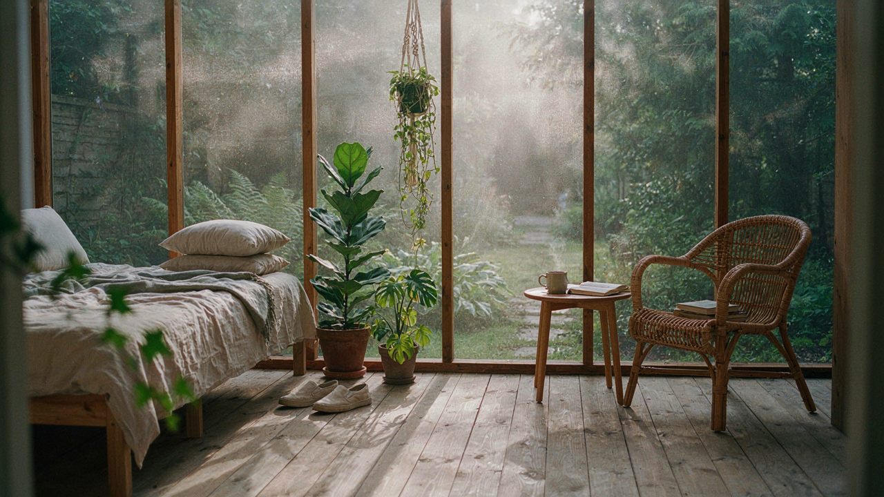 A peaceful cottage sleeping porch with fresh air and natural light.
