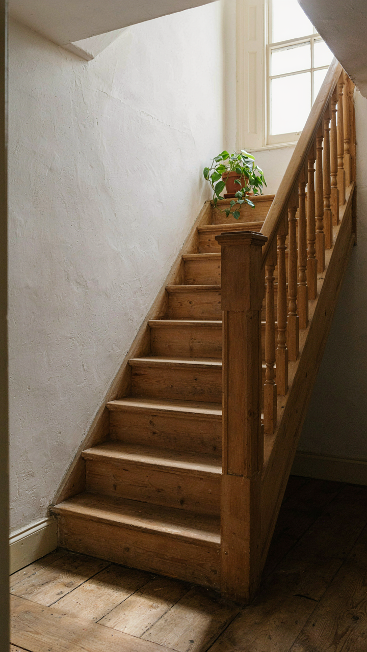A sturdy cottage staircase made of thick, unpainted pine treads.