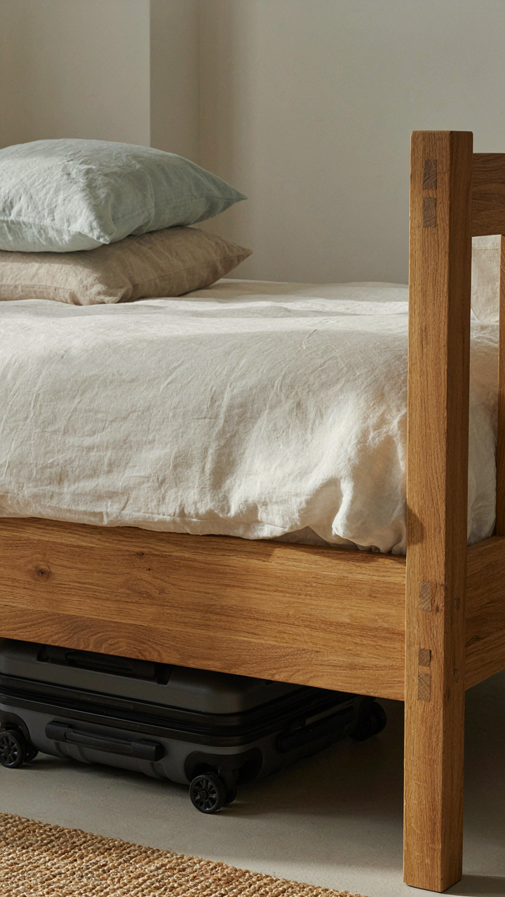 A close-up of a solid wood cottage style bed frame with slats and storage underneath.