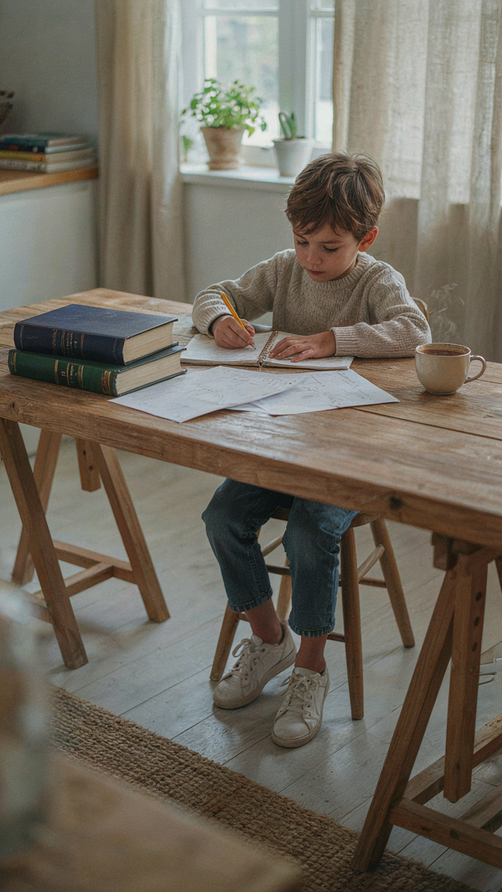A large trestle dining table being used as a child's homework station.
