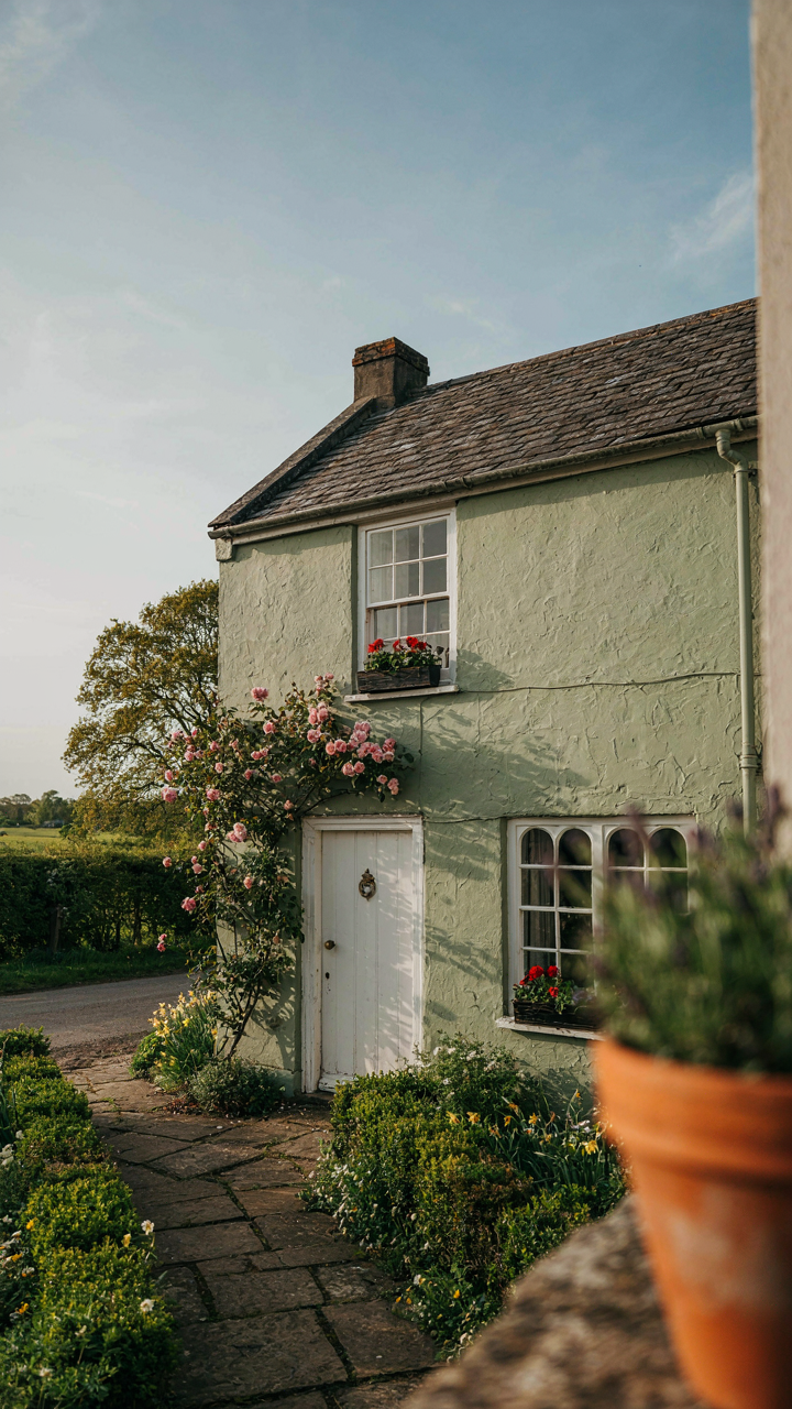 A small cottage exterior painted in muted sage green with chalky white trim.