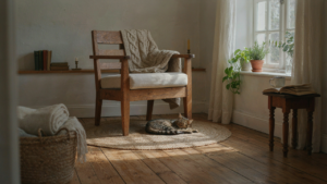 A charming cottage living room filled with collected wooden furniture and cozy textiles.