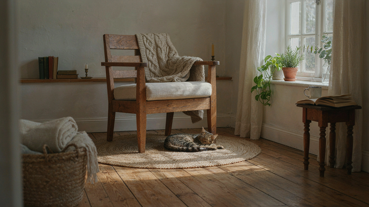 A charming cottage living room filled with collected wooden furniture and cozy textiles.