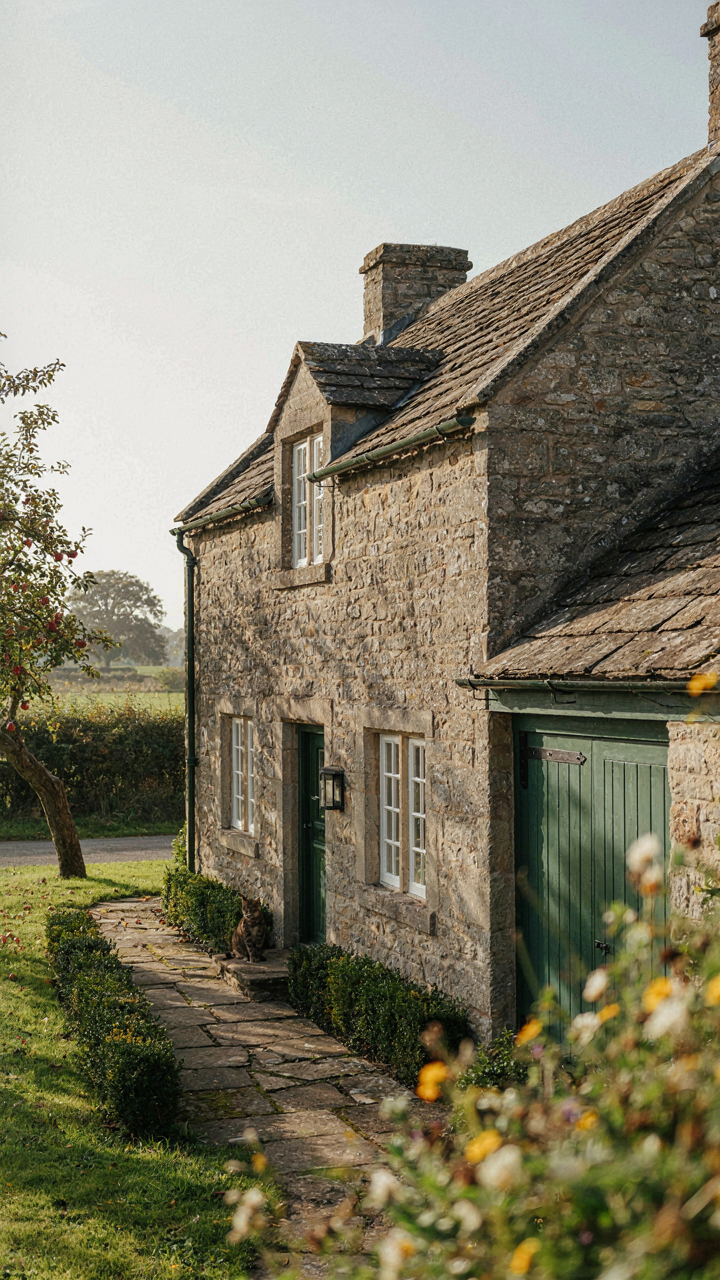 A timeless cottage house with garage, steeply pitched roof, and stone walls.