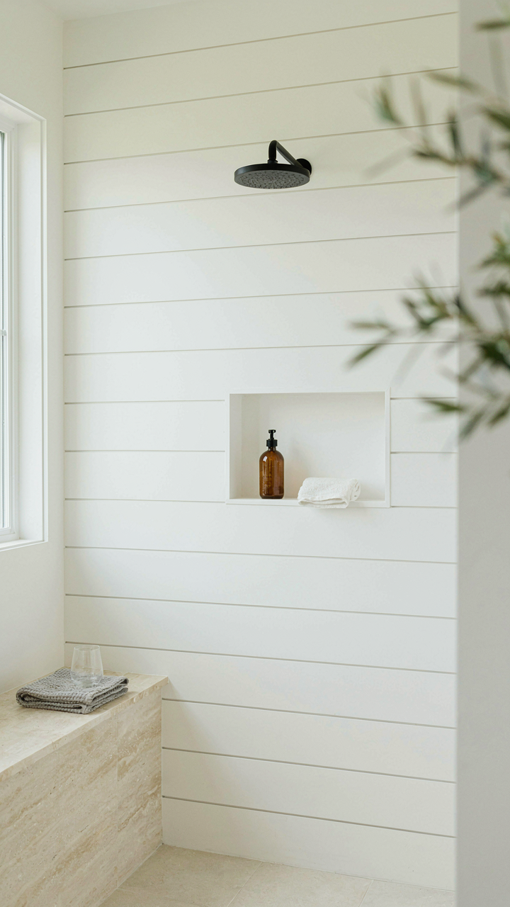 An open, walk-in shower with a showerhead on a shiplap wall and no enclosure.