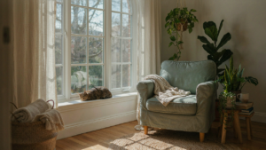 A sun-drenched cottage sunroom with a cozy armchair, green plants, and bright windows.