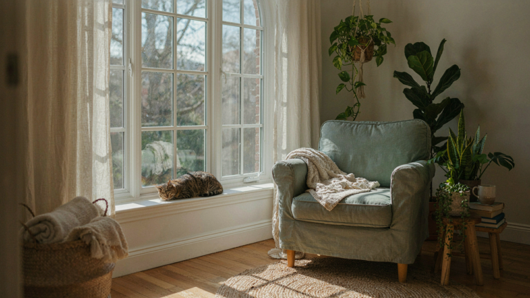 A sun-drenched cottage sunroom with a cozy armchair, green plants, and bright windows.