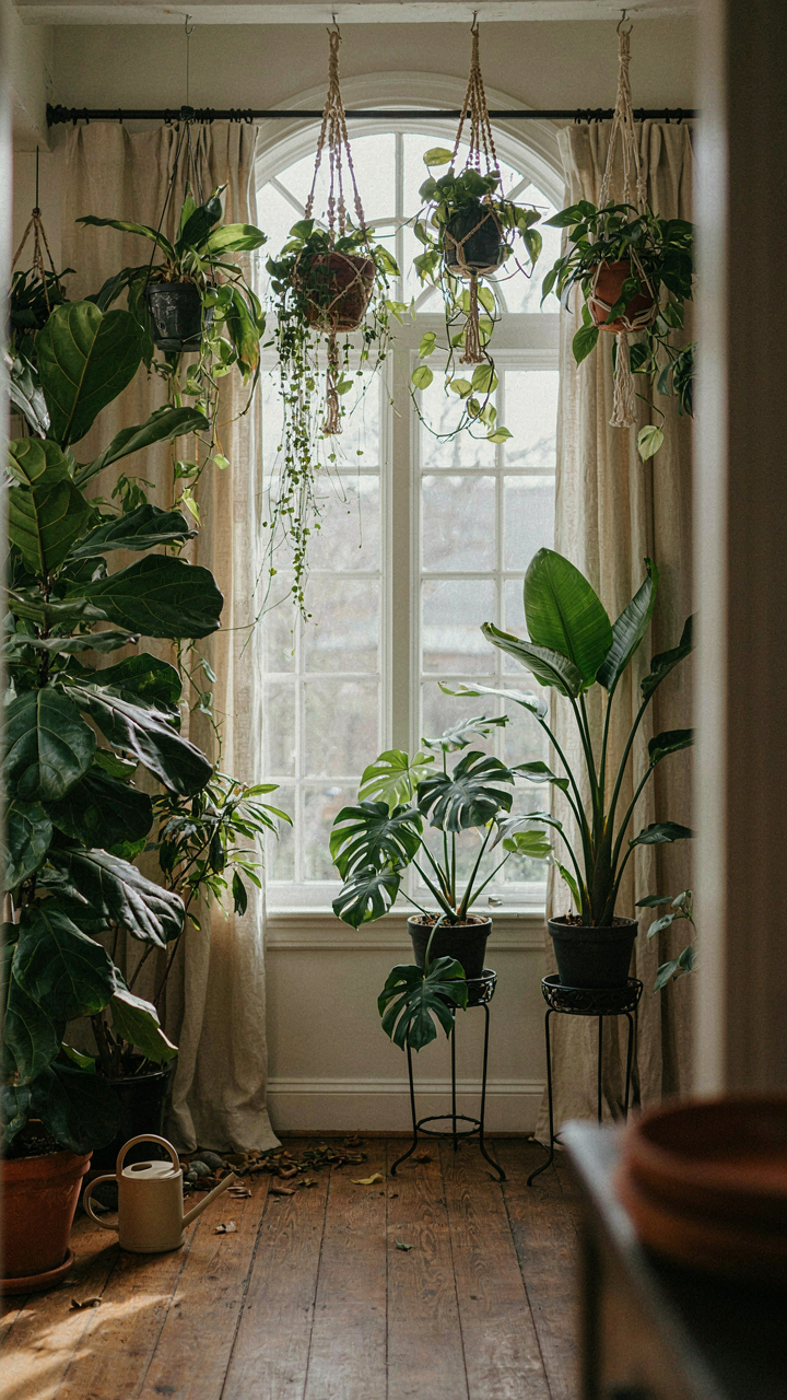 A cottage sunroom filled with various plants arranged in vertical layers.