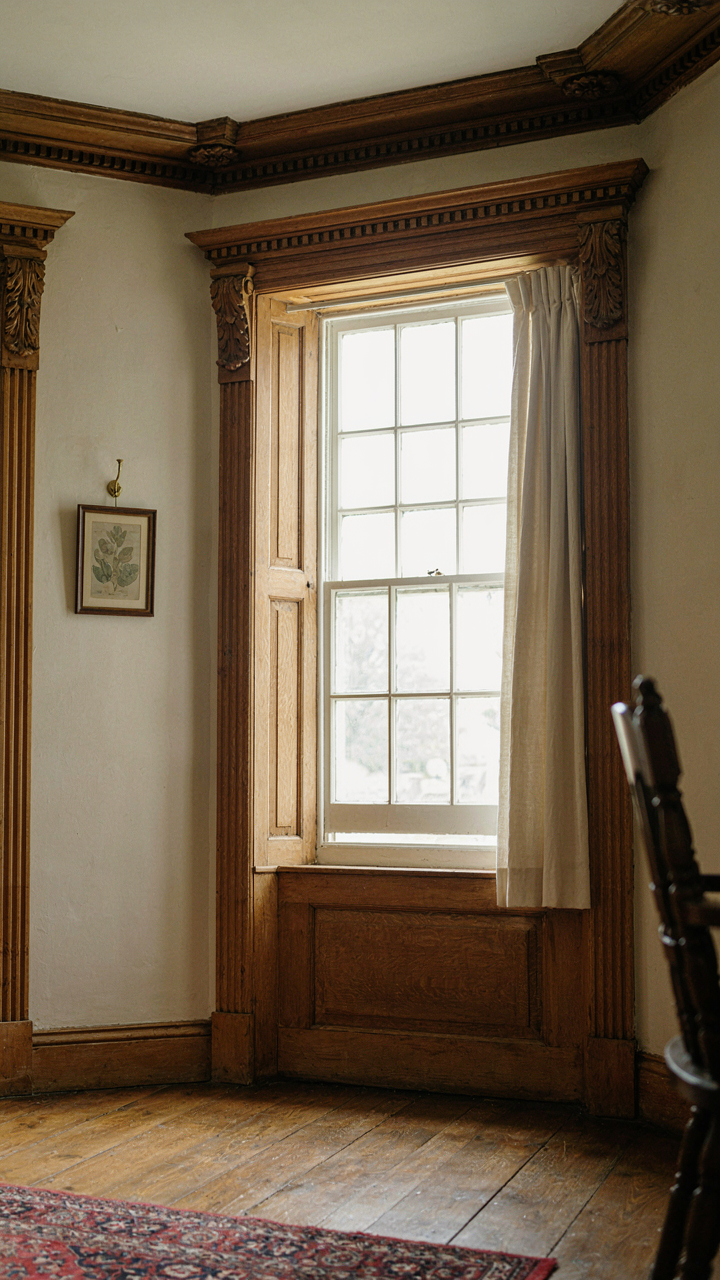Intricate wooden crown molding and window casings in a restored Victorian cottage.