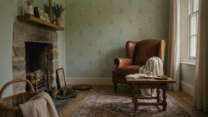 A warm living room with soft floral cottage wallpaper and vintage wooden furniture.