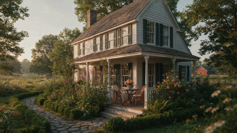 A charming cottage with a wraparound porch showcasing comfortable outdoor living.