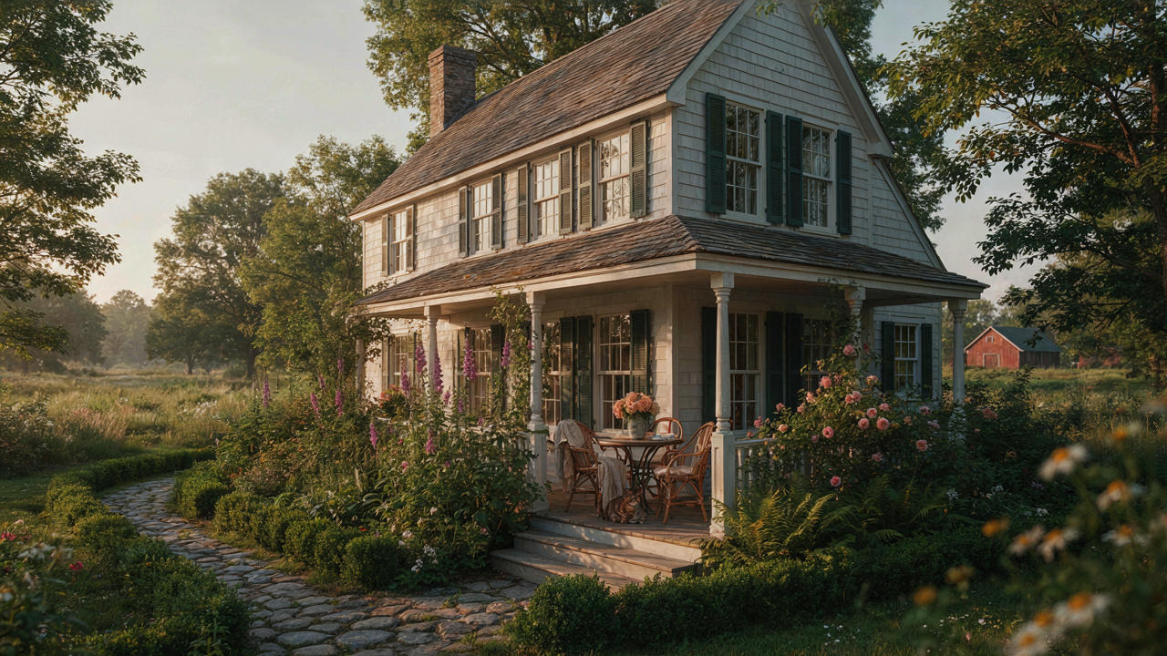 A charming cottage with a wraparound porch showcasing comfortable outdoor living.