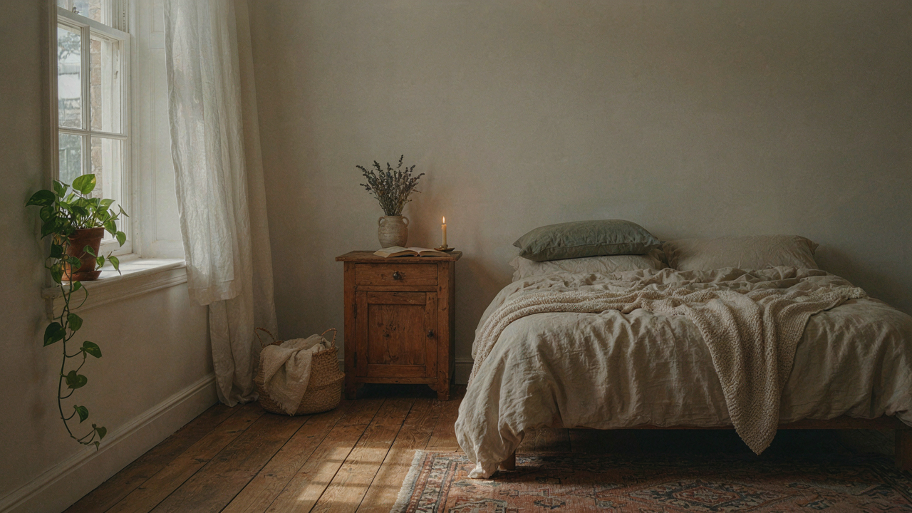 A sunlit cottagecore bedroom with a bed made with soft, layered vintage textiles.