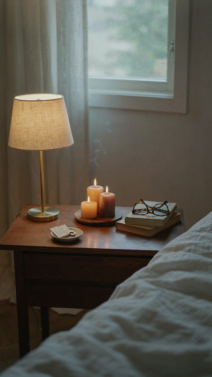 Layered lighting with a table lamp and candles in a cozy cottagecore bedroom.
