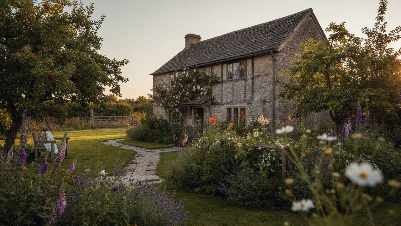 A charming cottage is surrounded by a lush, overflowing garden under golden sunlight.