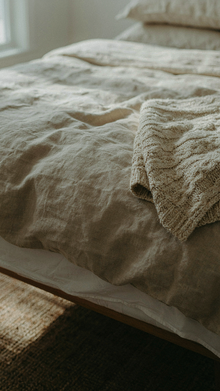 Close-up of a bed with layered cotton, linen, and wool textiles.
