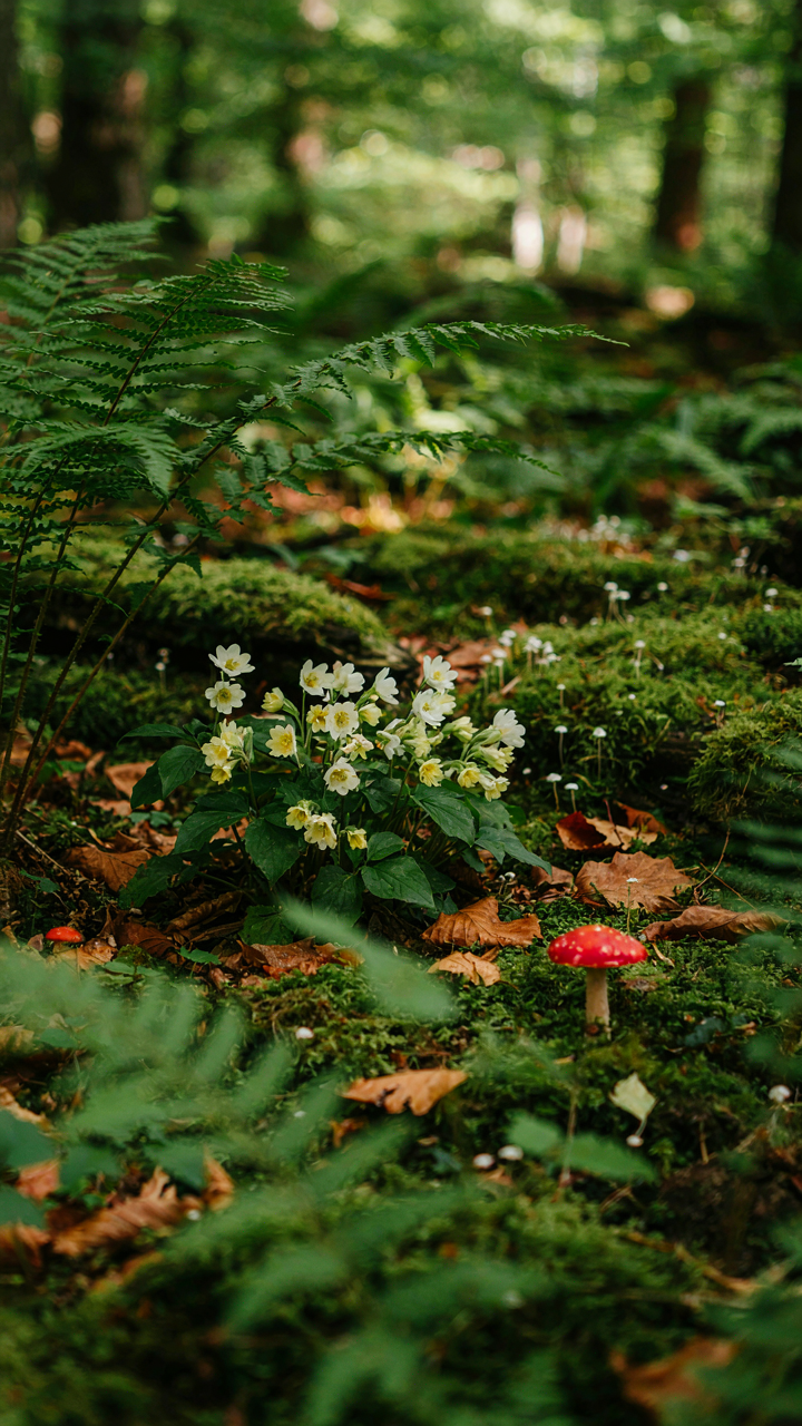 A lush forest floor showing diverse plants of varying sizes and densities.