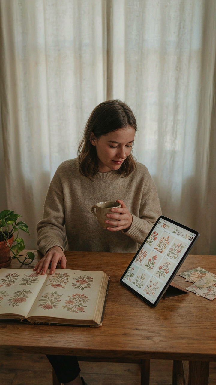 A person views historical patterns in a book, next to a tablet showing trendy patterns.