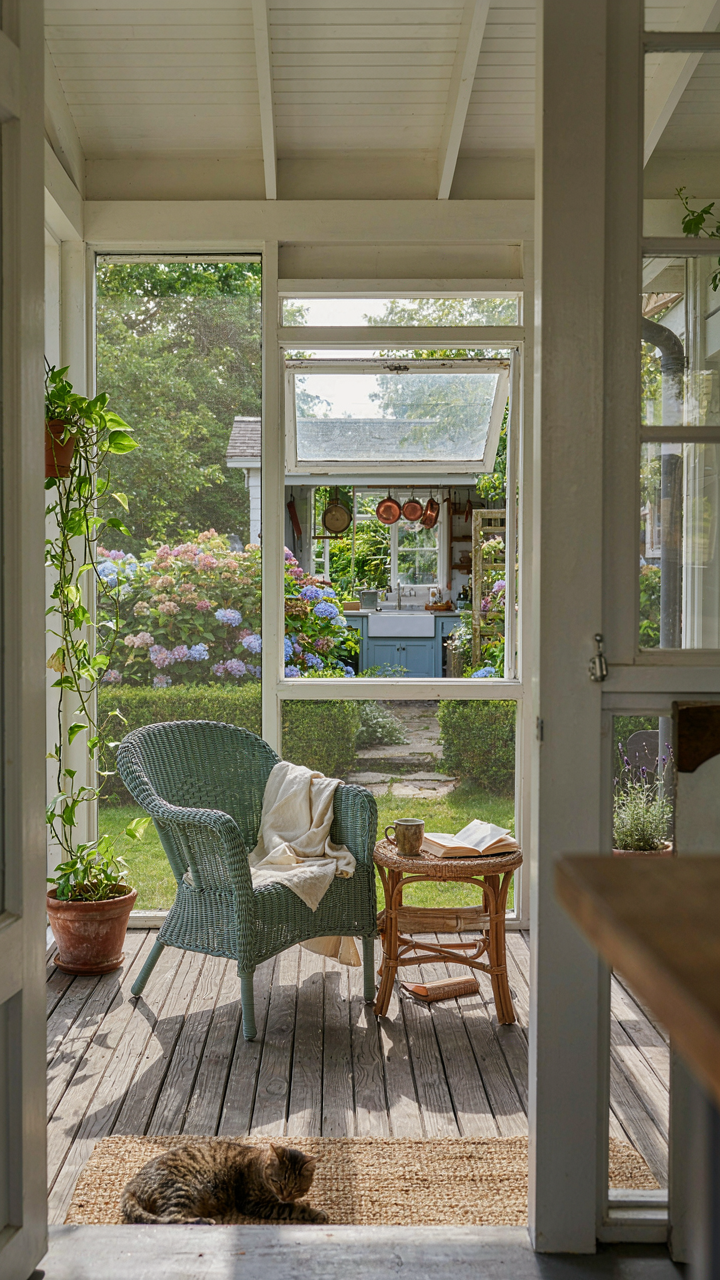 A screened porch on a cottage house, furnished and open to a lush garden.