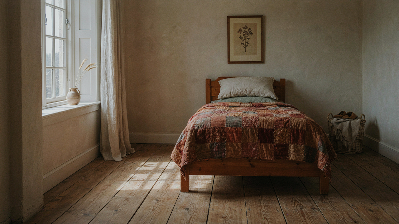 A warm country bedroom with a patterned quilt on a bed and a rustic wooden nightstand.