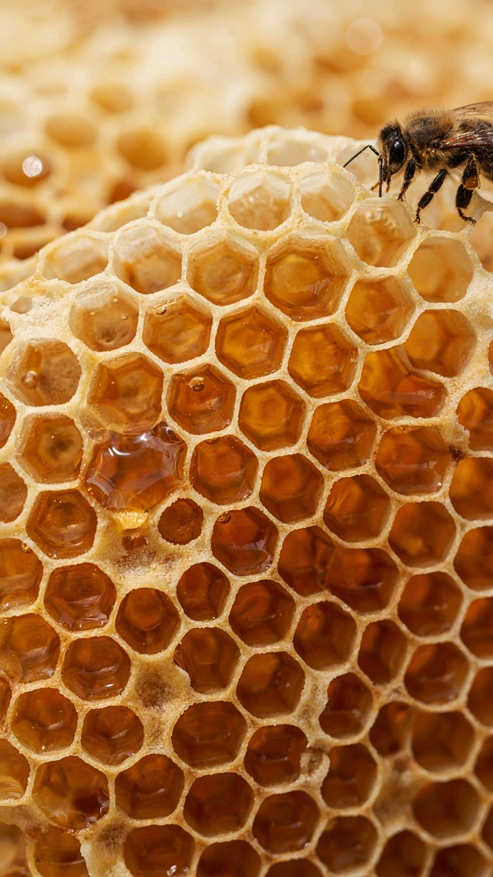 A close-up view of golden honey in hexagonal bee honeycomb cells.