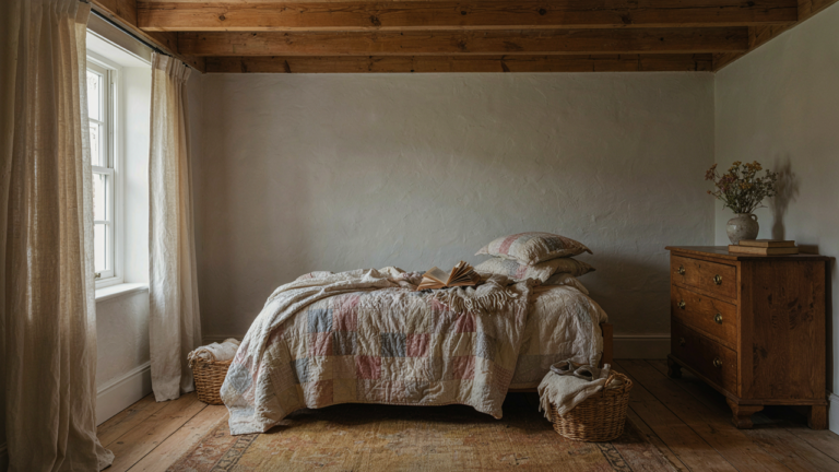 A soft, inviting country cottage bedroom with layered patchwork quilts on a bed.
