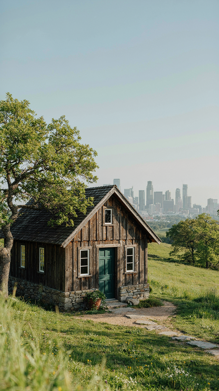 A charming adu cottage with a steep roof, contrasting with distant city buildings.