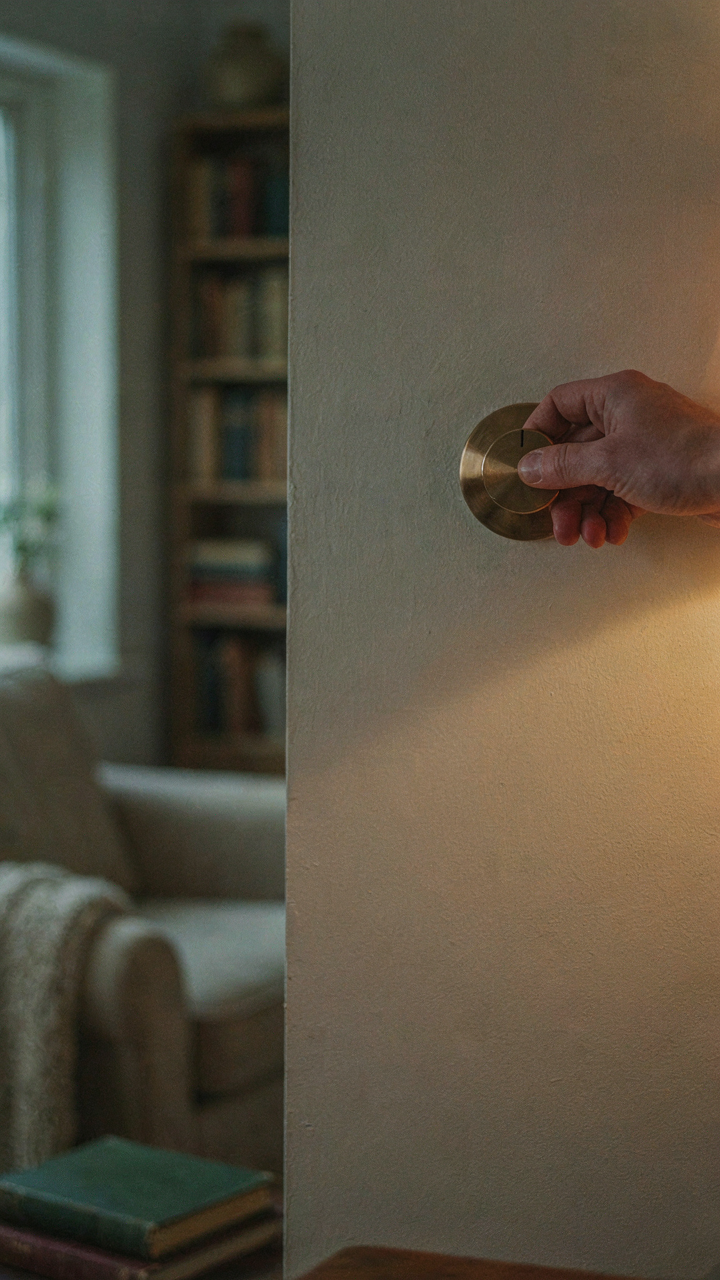 A hand adjusts a rotary dimmer switch, changing the warm glow in a cottage living room.