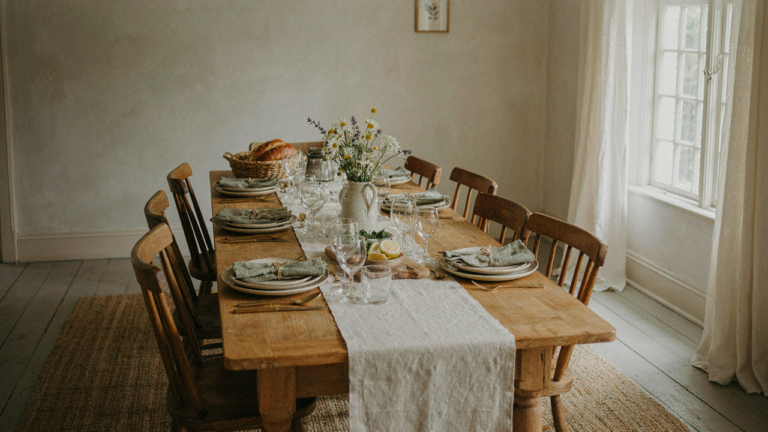A warm and inviting country dining room, featuring a long wooden table and classic chairs.