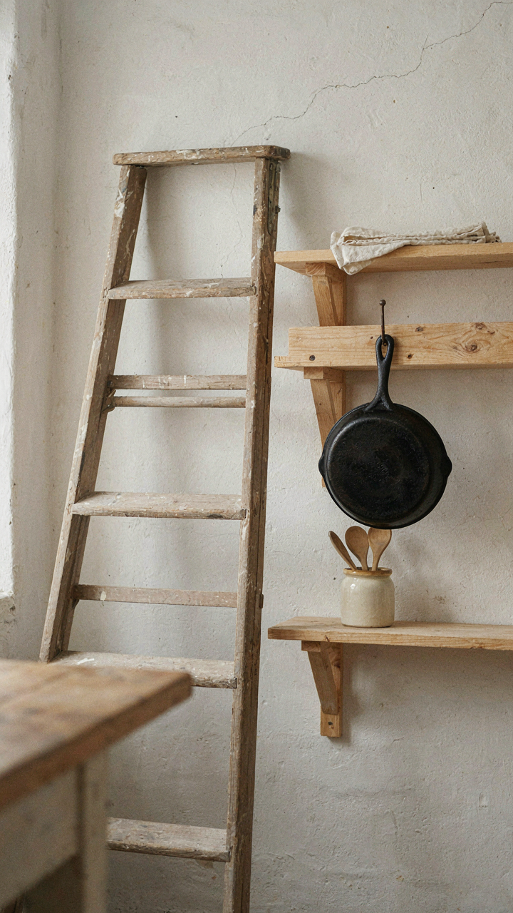 A worn wooden ladder leans against a wall in a farmhouse kitchen.