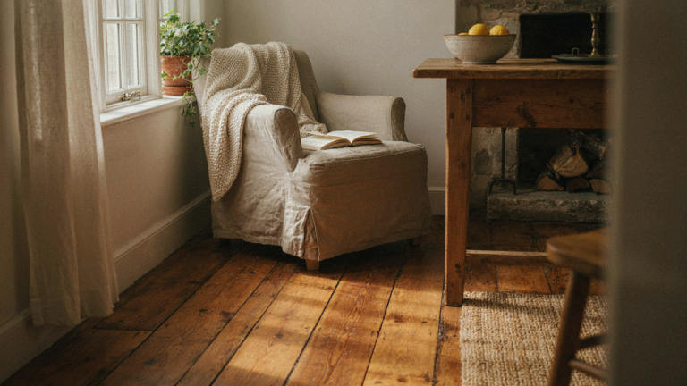 A warm country home interior with a wooden table, armchair, and sunlight.