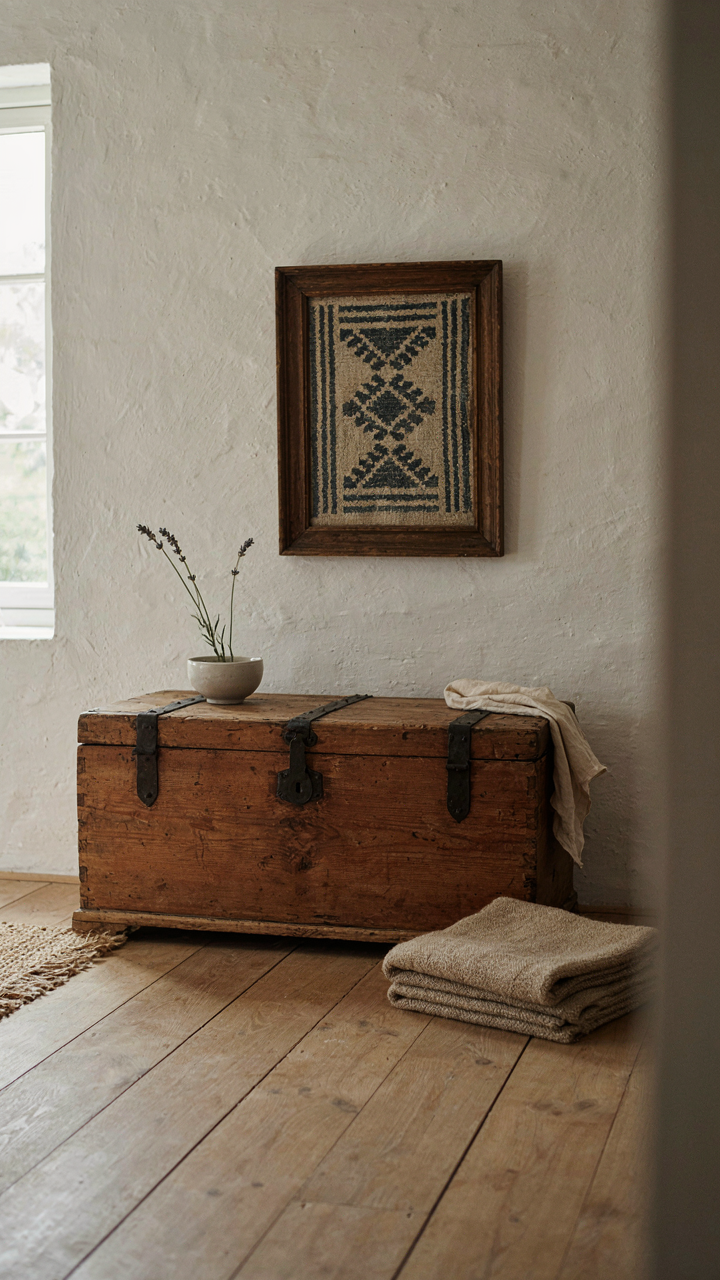 An antique wooden chest in a rustic cottage living room, surrounded by clear space.