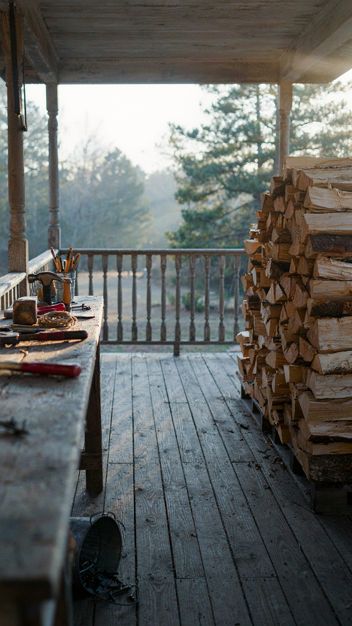 A wraparound porch with a workbench, hand tools, and a pile of firewood.