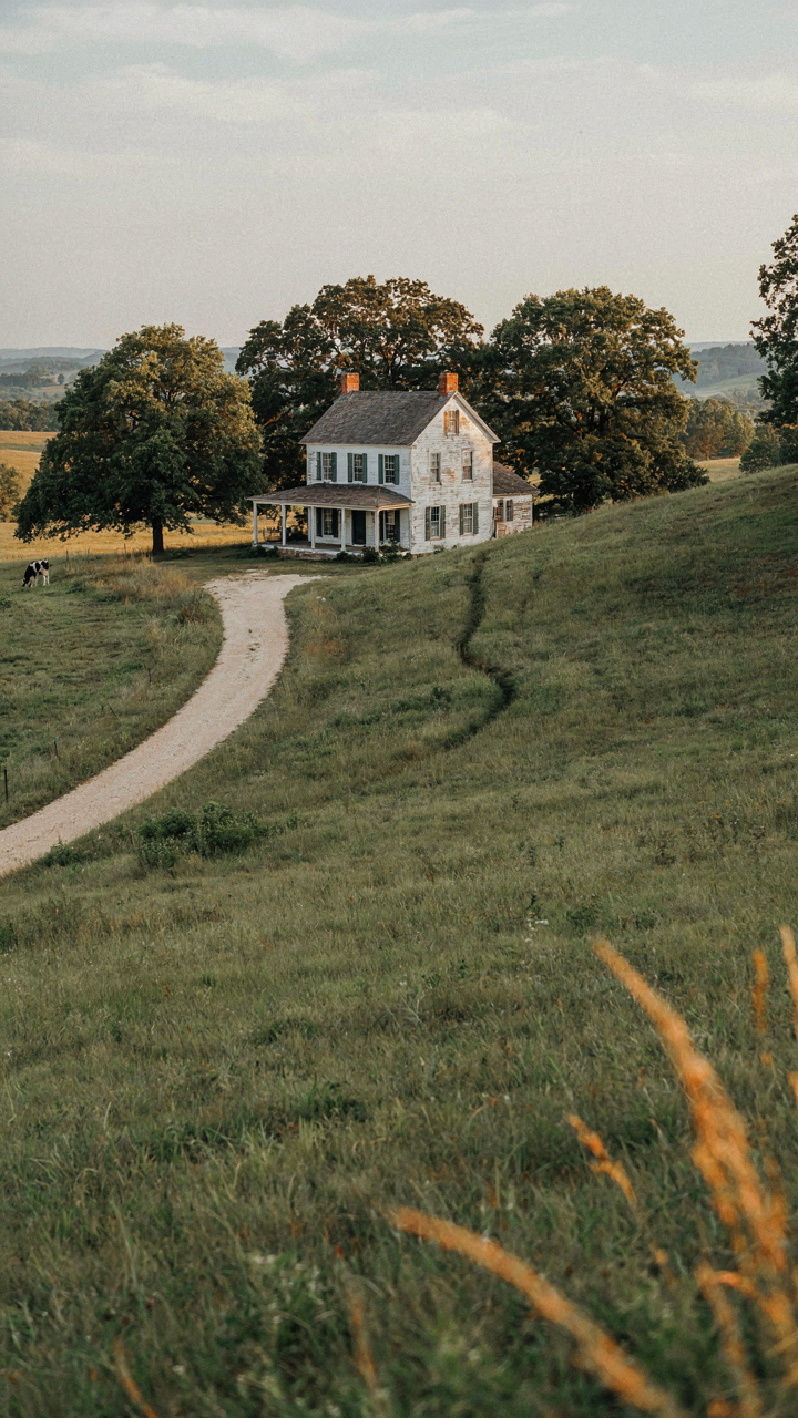 Southern farmhouse nestled into a gentle hill with natural landscaping.