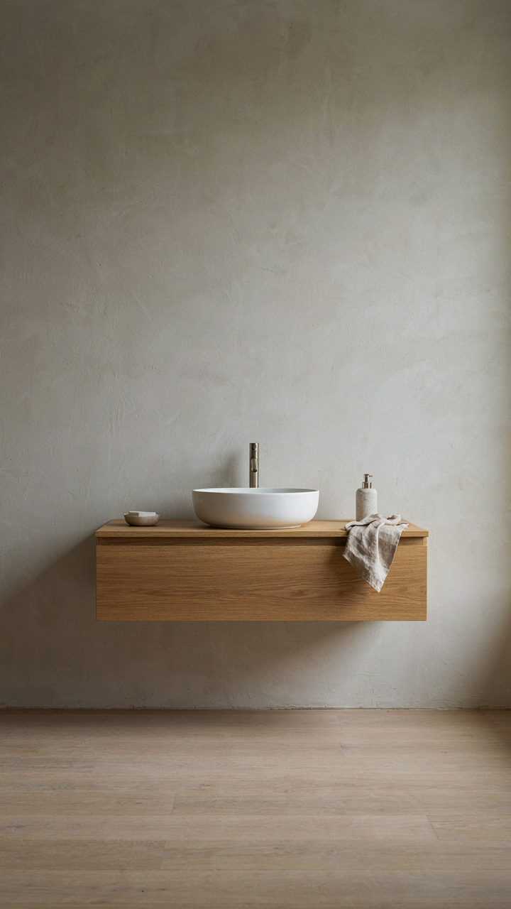 A floating wood vanity with a white vessel sink against a bare wall.