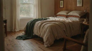 A rustic cabin bedroom with a neatly made bed and many layered textiles, bathed in soft light.