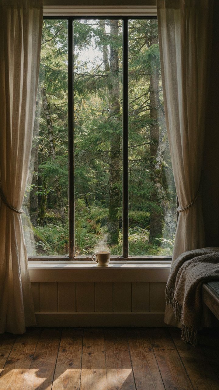 A large window in a small cabin frames a view of a peaceful forest.